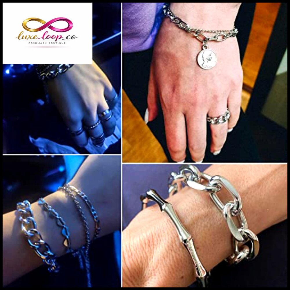 Silver Stackable Bracelets Set Chunky Dainty Adju… - image 2